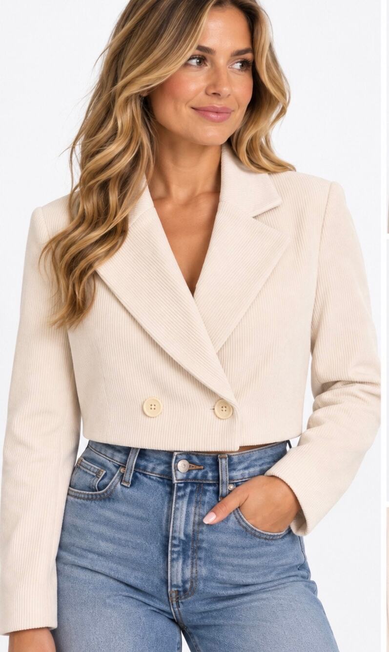 House of Harlow 1960 XS Cream Corduroy Cropped Blazer Double Breasted Ivory